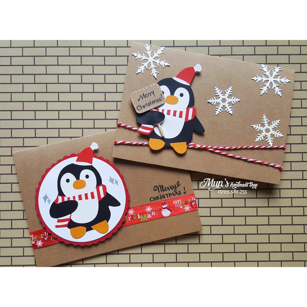 [6 MẪU] Thiệp Giáng Sinh handmade giấy Kraft - cánh cụt, người tuyết, ông già Noel