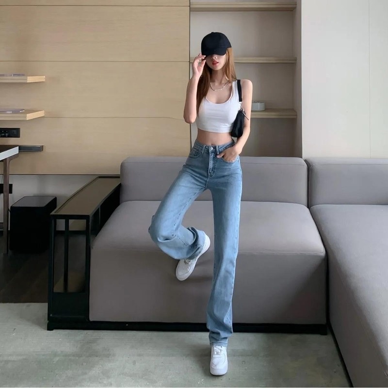 Quần jean dài lưng cao dáng ôm vừa thời trang retro cá tính cho nữ