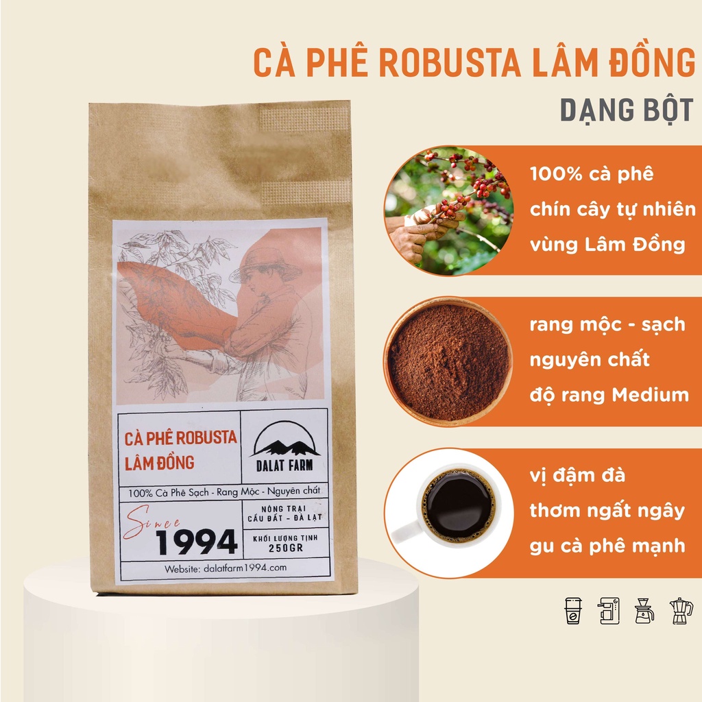 Cà Phê Robusta Lâm Đồng Dalat Farm - Túi 250Gr (Dạng bột)