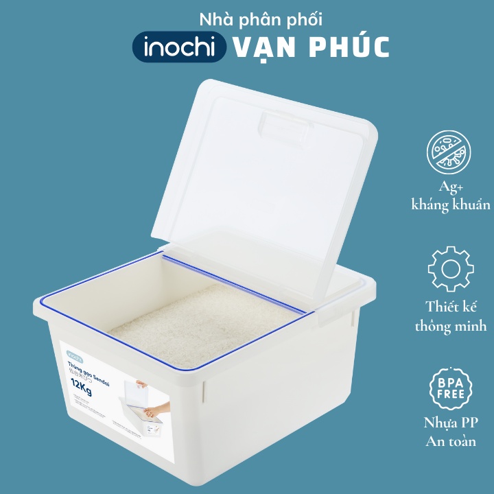 Thùng đựng gạo thông minh 12kg, hộp đựng thực phẩm Nhật Bản Inochi Sendai, kháng khuẩn, chống ẩm, mối mọt Vạn Phúc