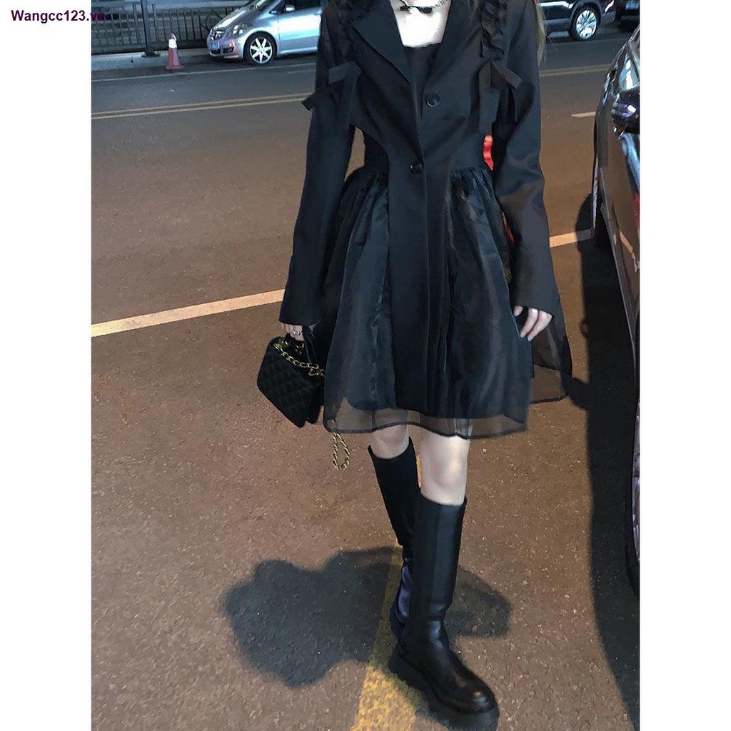 Set đầm hai mảnh áo khoác ngoài phối lưới thời trang thu đông hàng mới dành cho nữ