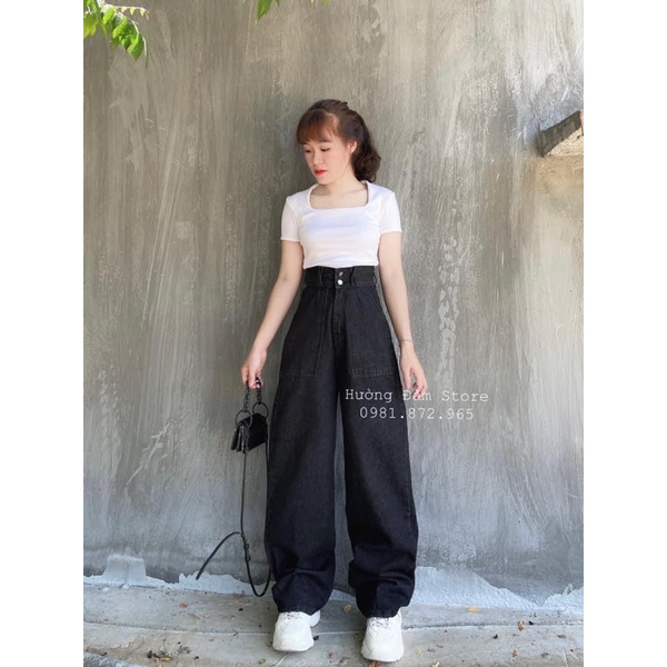 ♻️Baggy Jeans 2 Nút Ống Rộng Túi Đắp