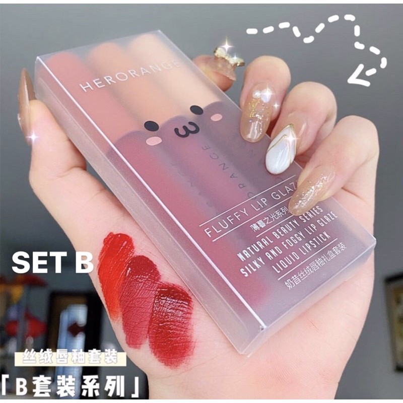 Set 3 cây son lì HERORANGE FLUFFY LIP GLAZE chống trôi nội địa trung