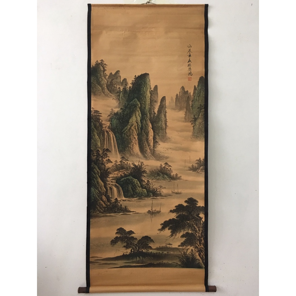 Tranh giả cổ Sơn thủy của họa sĩ Từ Bi Hồng, Tranh giấy xuyến chỉ viền bo lụa size lớn 155 x 74cm