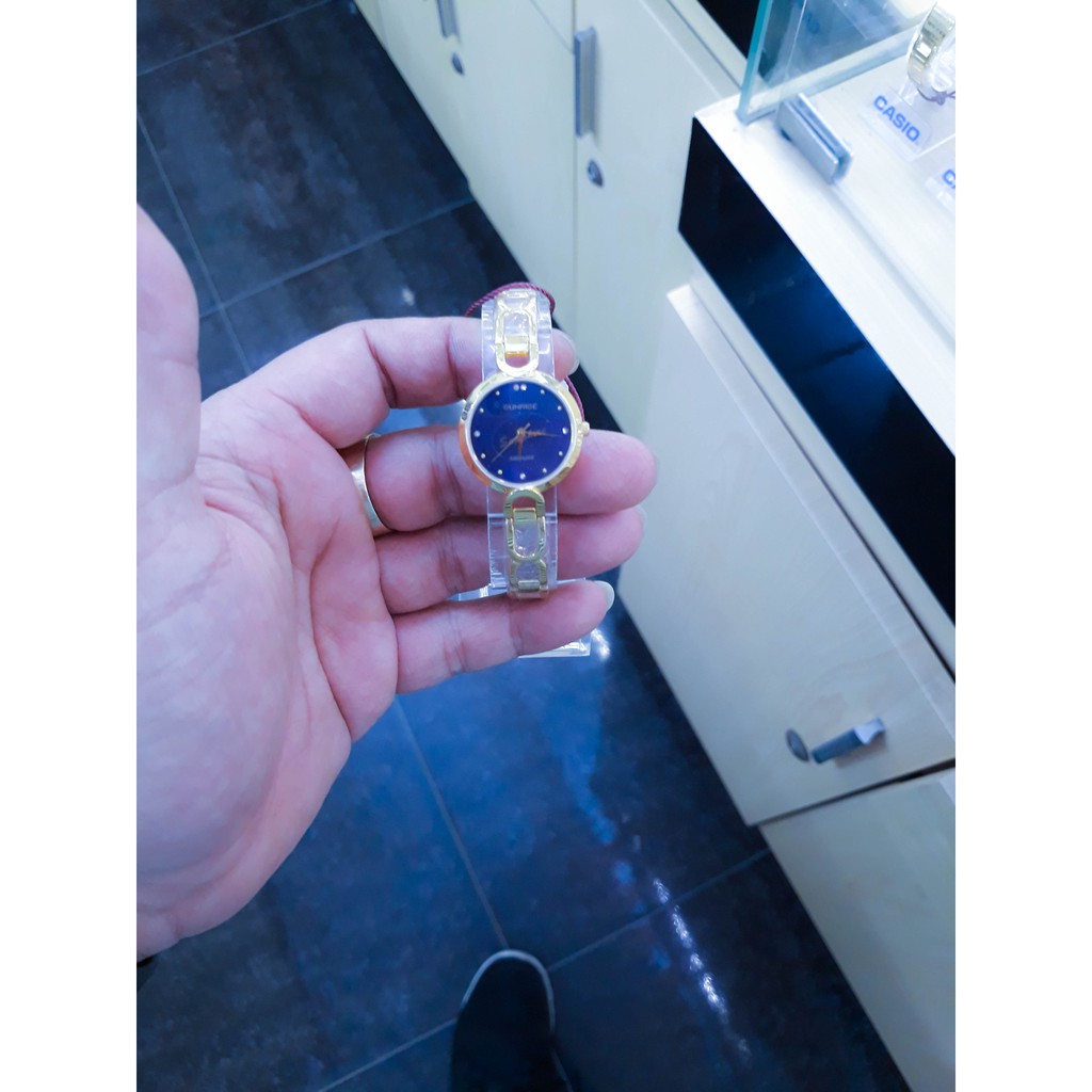 ❤ Đồng hồ nữ lắc tay siêu mỏng SUNRISE SR0236.dây vàng mặt xanh hạt cực đep,hãng kính Sapphire chống nước chống xước