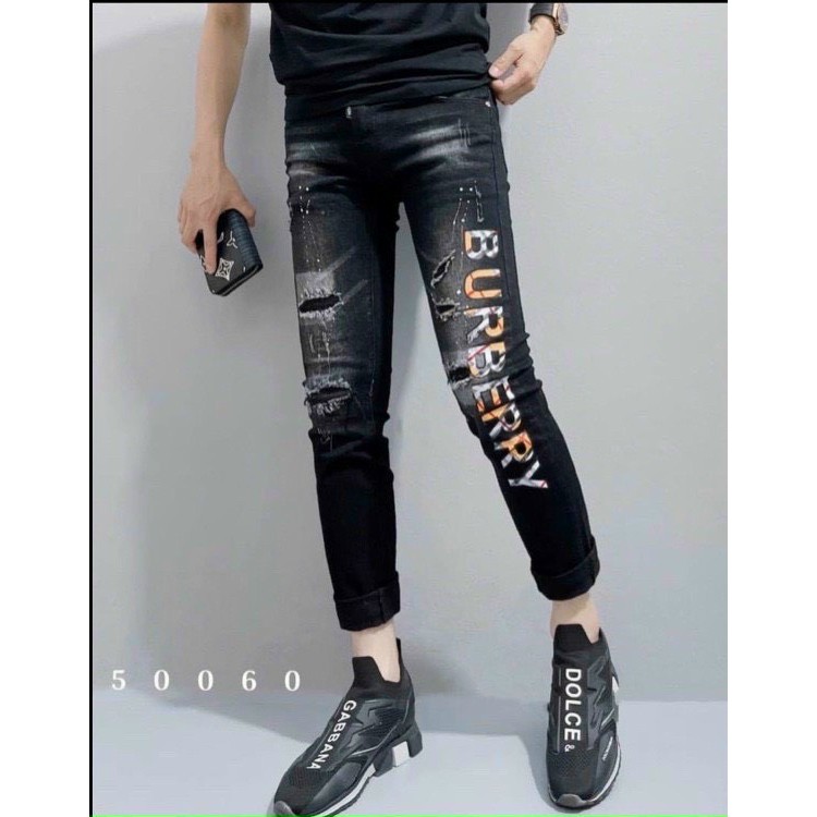 Quần jean nam đen chất bò rách gối co giãn cao cấp in BBR vải dày AHFASHION