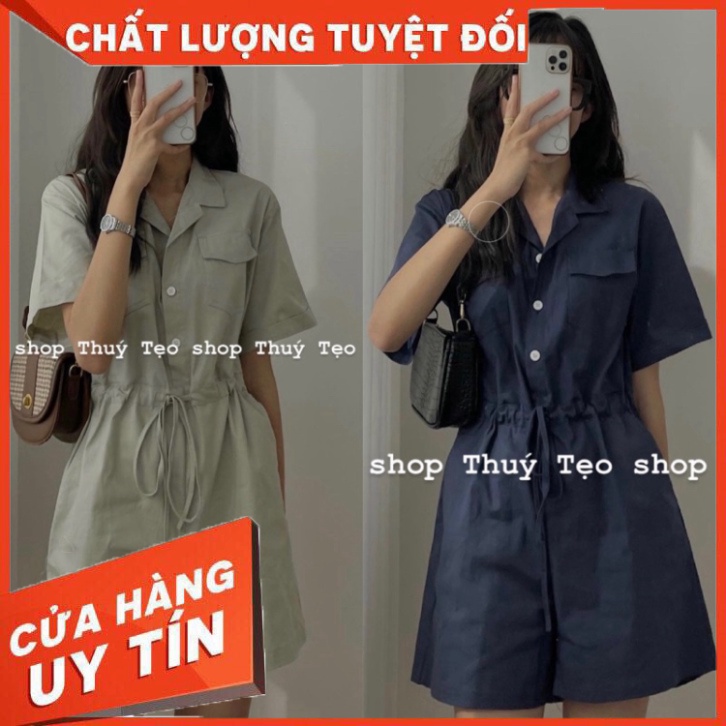 Jumpsuit cổ vest túi ngực quần sooc chun eo - Jum nữ chất kaki mềm - HÀNG MỚI VỀ