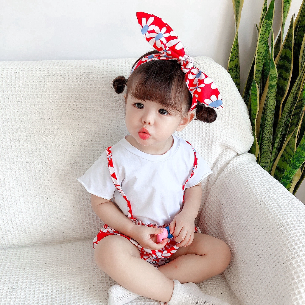 Set jumpsuit tay ngắn kèm băng đô in họa tiết hoa thời trang xinh xắn cho bé gái