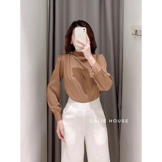 bán sỉ áo sơ mi lụa xếp li vai cúc ngọc