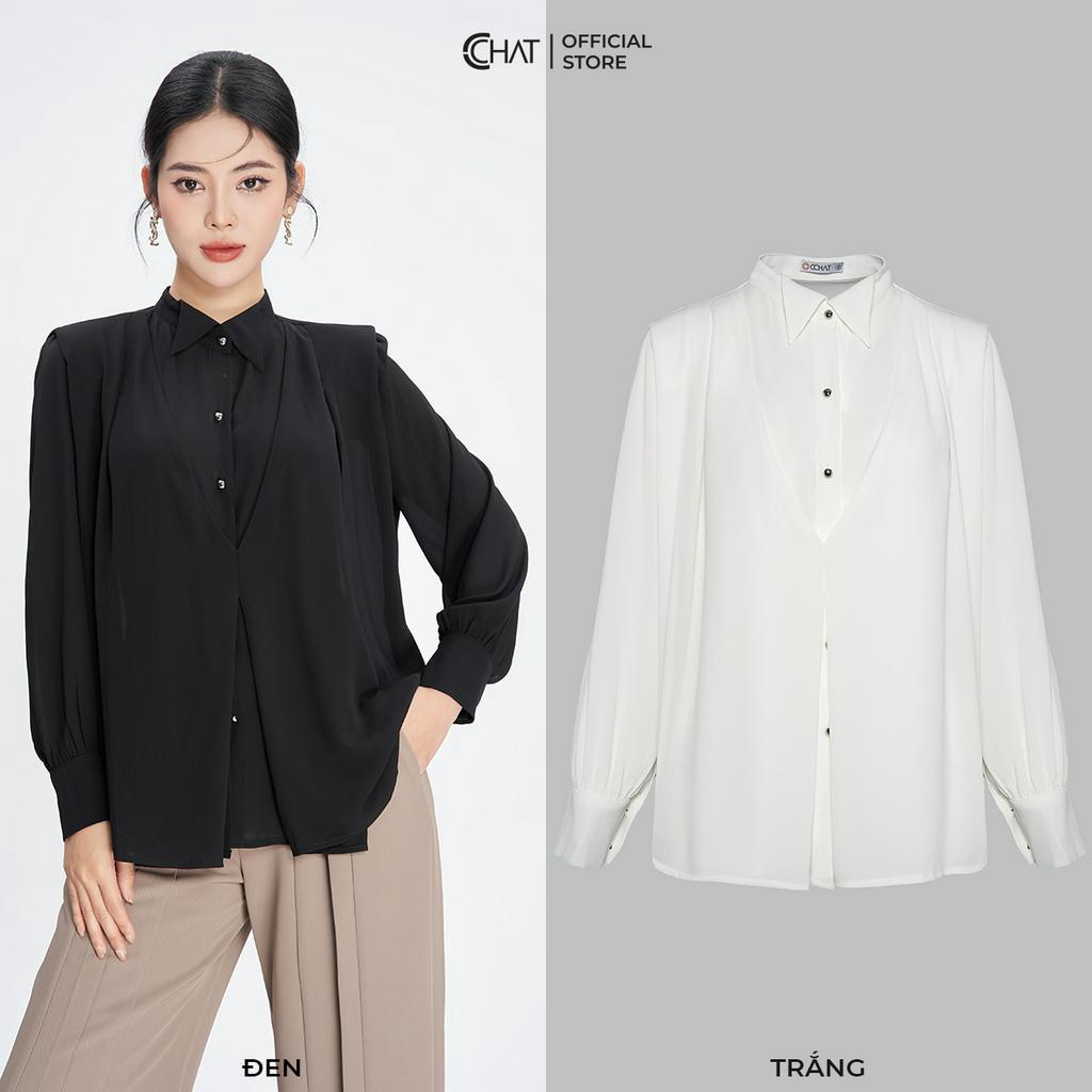 Áo Sơ Mi Nữ 𝐂𝐂𝐇𝐀𝐓 Vai Gấp Tà Kiểu Dáng Suông Chất Lụa Mềm Mịn 53FDV2010ST