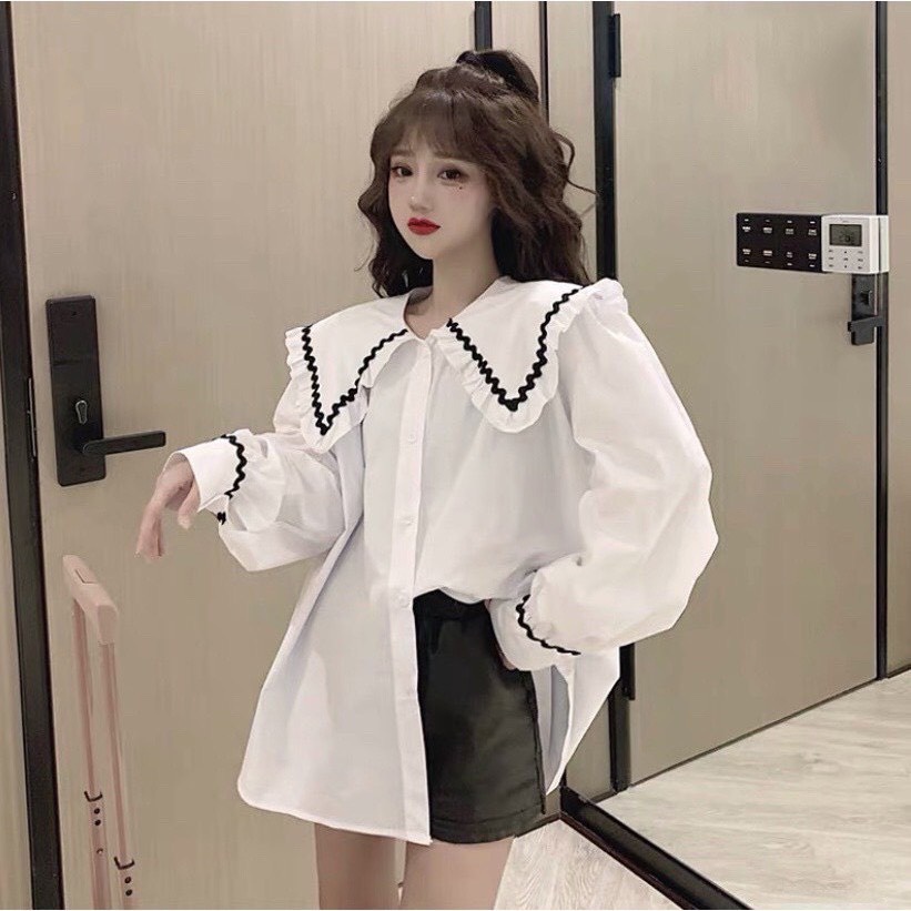 Áo sơ mi trắng cổ bèo viền ren- sơ mi dài tay trơn from rộng oversize tay bồng chất thô mềm phong cách ulzzang hàn quốc