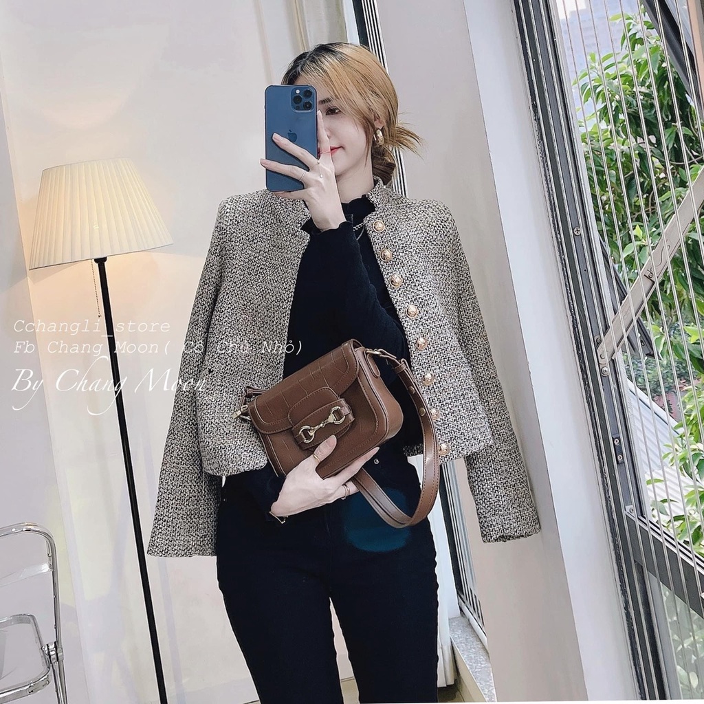 Áo dạ muối tiêu cổ tròn cúc ngọc cao cấp áo tweed nữ thu đông TL140