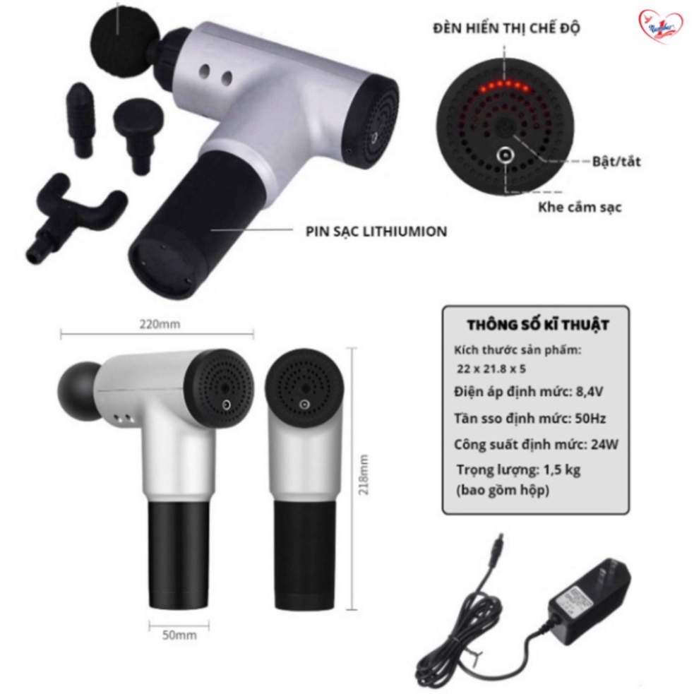 Súng Massage Cầm Tay 4 Đầu 6 Chế Độ | Giảm Đau Căng Cơ, Trị Nhức Mỏi Vai Gáy, Thoái Hóa Khớp