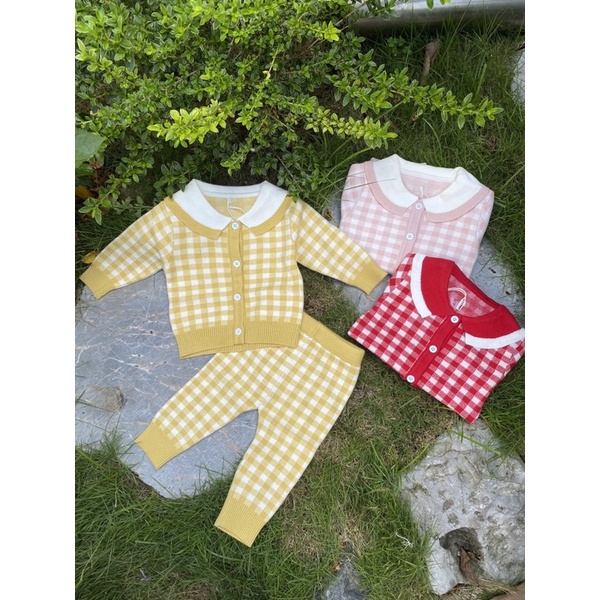 Bộ Len Bé Gái Cài Khuy, Bộ Len Kẻ Caro Cho Bé Gái size 60-90