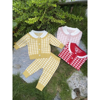 Bộ len bé gái cài khuy, bộ len kẻ caro cho bé gái size 60-90