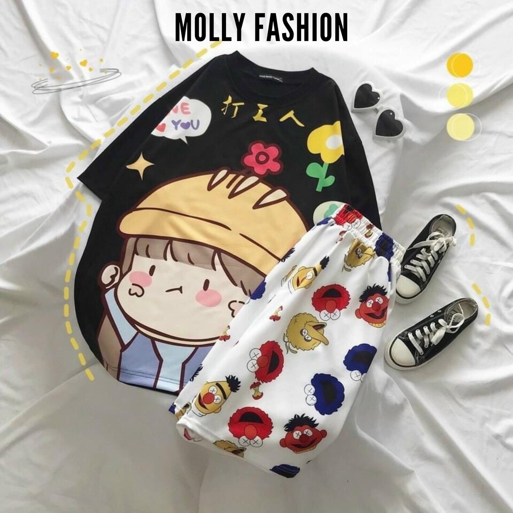 Set đồ bộ hoạt hình ❤️ Bộ mặc nhà Cartoon BOY MŨ VÀNG form rộng Unisex nam nữ Molly Fashion