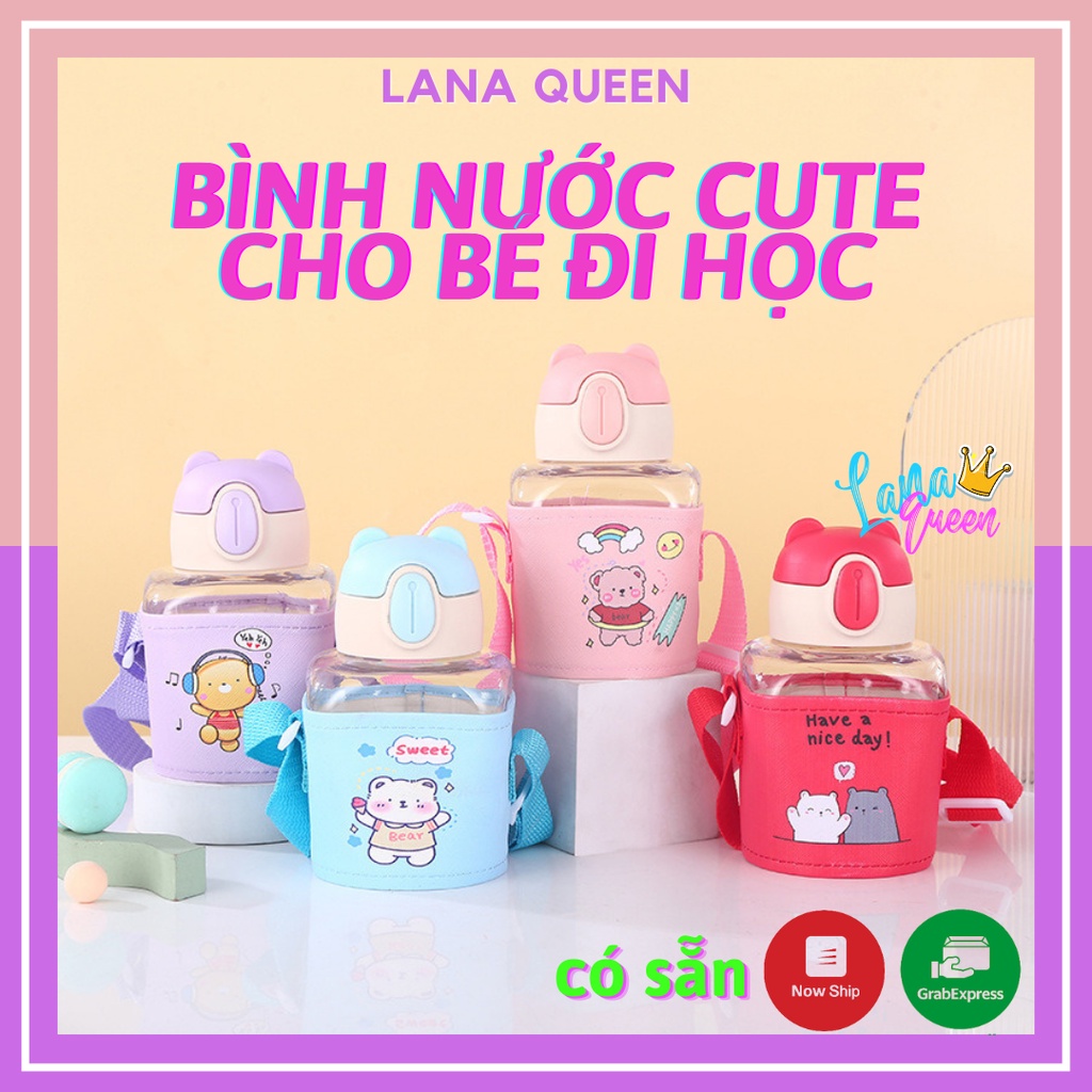 Bình Nước cute 600ml đẹp xinh Xắn dễ thương Cho Bé mang Đi Học Kèm Ống Hút Và Túi Vải - LANA QUEEN