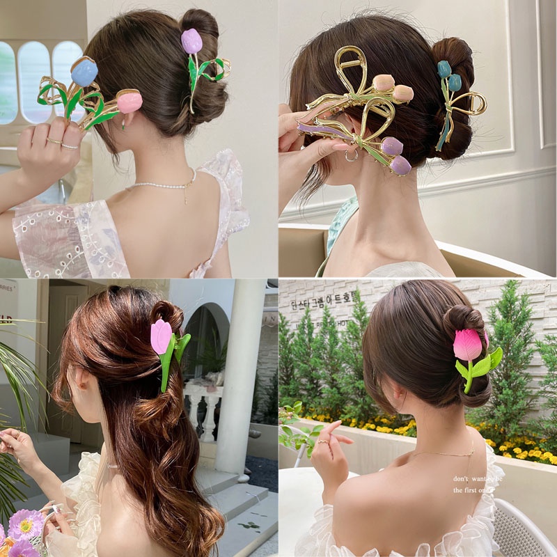 Kẹp Tóc Hoa Tulip Bằng Kim Loại Dày Chống Trượt Thời Trang Cho Nữ