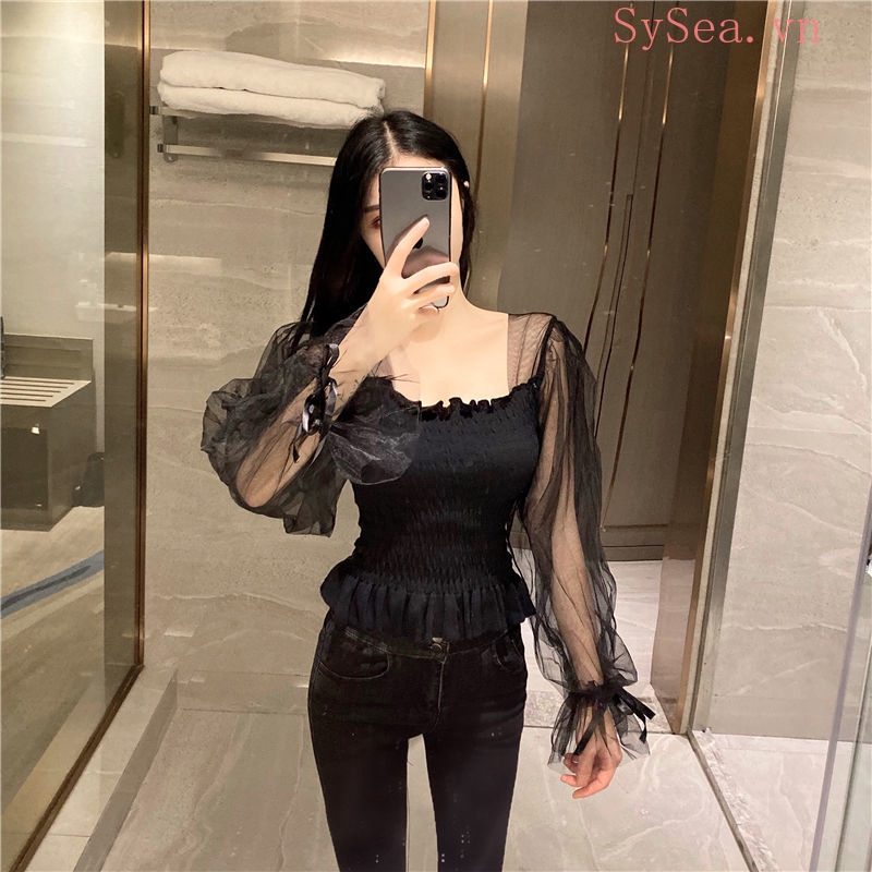 Áo Thun Nữ Tay Dài Phối Lưới Thời Trang Mùa Hè