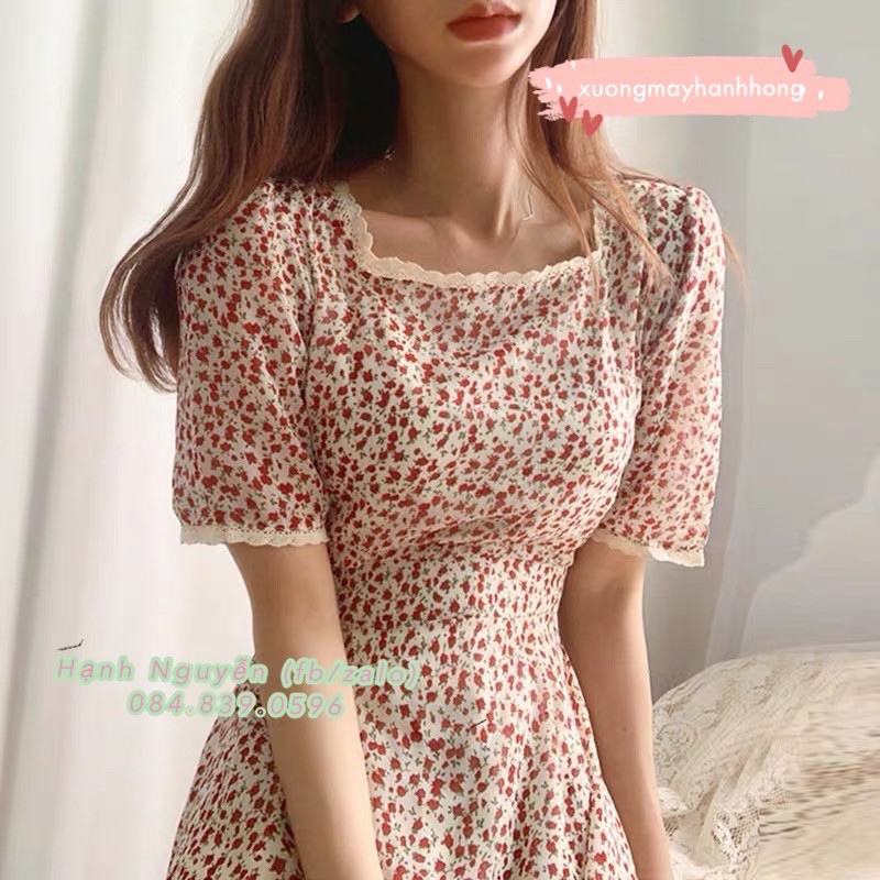 Váy hoa cổ vuông ren vintage tay lửng 2 lớp cực xinh - Xưởng May Hạnh Hồng | BigBuy360 - bigbuy360.vn