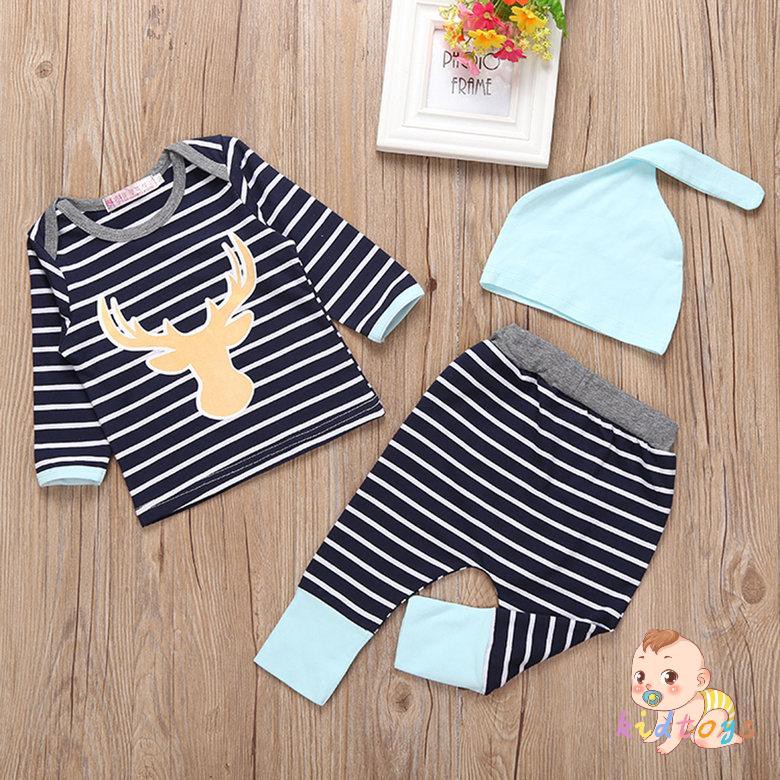 Bộ 3 Món: Áo Cotton Dài Tay + Quần Dài + Mũ Dễ Thương Cho Bé