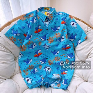 Áo Sơ Mi Đi Biển - Cá Mập San Hô - Đủ Size Nam Nữ, Áo Đôi Nhóm Lớp Team Building, Hoạ Tiết Hoạt Hình #AA