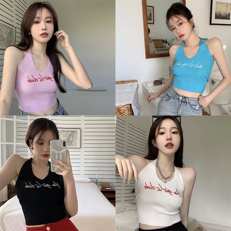 Áo Croptop Dệt Kim Cổ Yếm In Chữ Phong Cách Hàn Quốc Thời Trang Quyến Rũ Cho Nữ