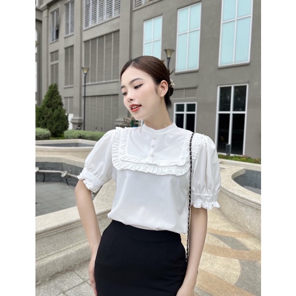 Áo sơ mi nữ trắng cộc tay Gloria Shop áo sơ mi kiểu nữ công sở cổ đức phối bèo đính cúc ngọc [SMT cộc tay]