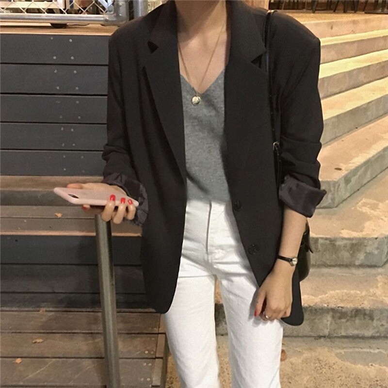 Áo Khoác Vest Màu Đen / Kaki Dáng Rộng Phong Cách Anh Quốc Thời Trang Thu Đông Cho Nữ Blazer
