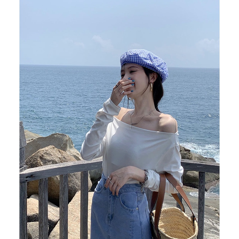 Áo thun COZOK tay dài trễ vai dáng rộng thời trang quyến rũ cho nữ