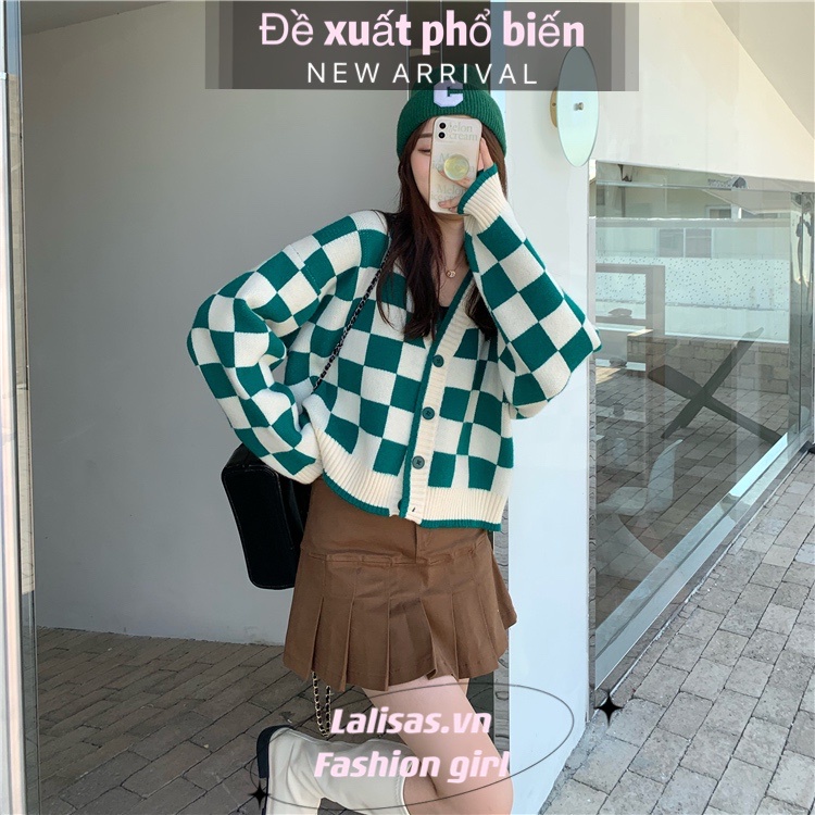 Áo khoác cardigan cổ chữ V form rộng họa tiết kẻ caro dễ phối đồ thời trang Hàn Quốc