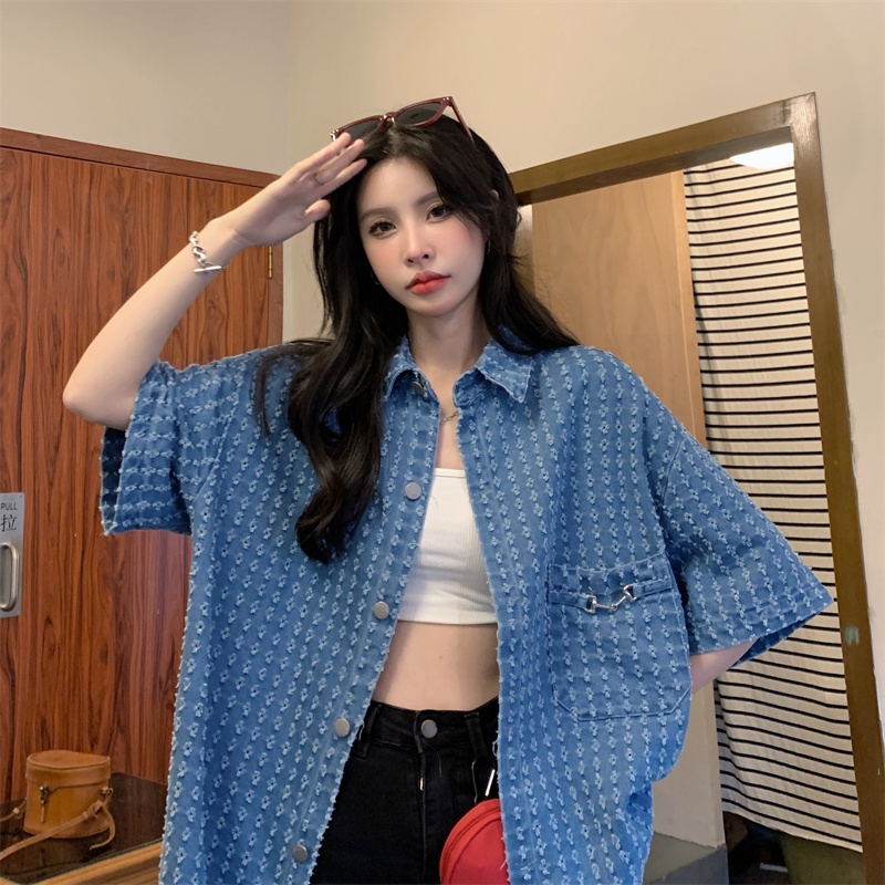 Áo Sơ Mi denim Tay Ngắn Cổ Gập Phong Cách Hàn Quốc Thời Trang Cho Nữ