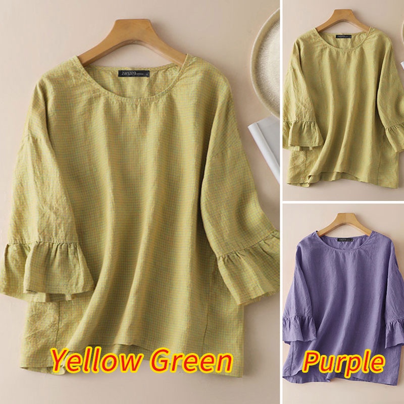 Áo kiểu Zanzea cổ tròn tay bèo 3/4 họa tiết caro thời trang cho nữ