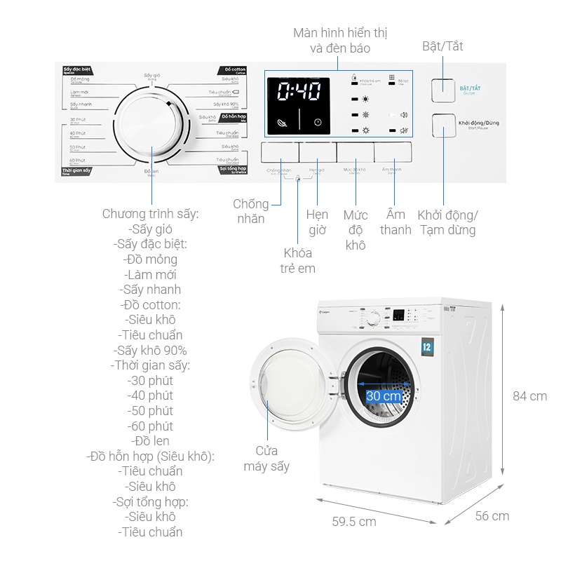 Máy sấy thông hơi Casper 7,2kg TD-72VWD /TD – 80CGB -BH chính hãng 24 tháng Toàn Quốc