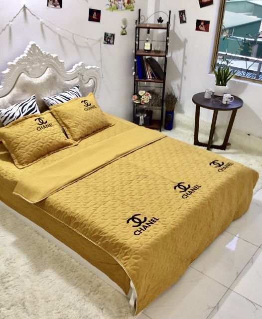 Set ga phủ, chăn gối trần bông Cotton Đũi [ Tặng Tranh Canvas Để Bàn ] ]