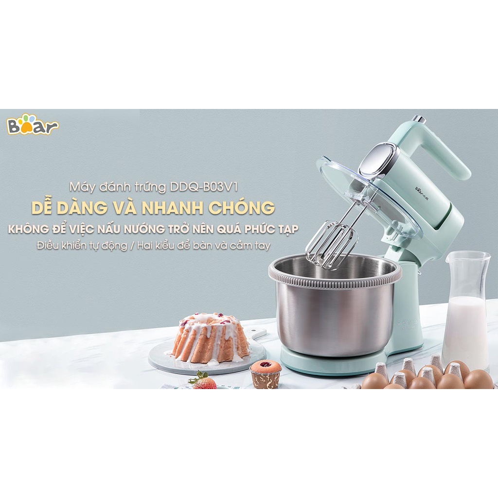 Máy đánh trứng để bàn Bear DDQ-B03V1 thiết kế 2 in 1 với 9 tốc độ gồm 4 que đánh có nắp chống tràn, BH 18 thánh