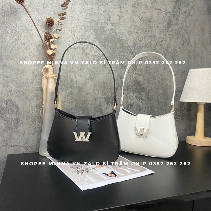 Túi đeo chéo nữ, túi kẹp nách quai xách cầm tay logo chữ W đính đá sang chảnh size to có dây đeo chéo