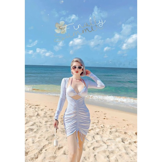 Bikini nữ bộ bơi đồ bơi đi biển set 3 món tay dài váy rút EVA