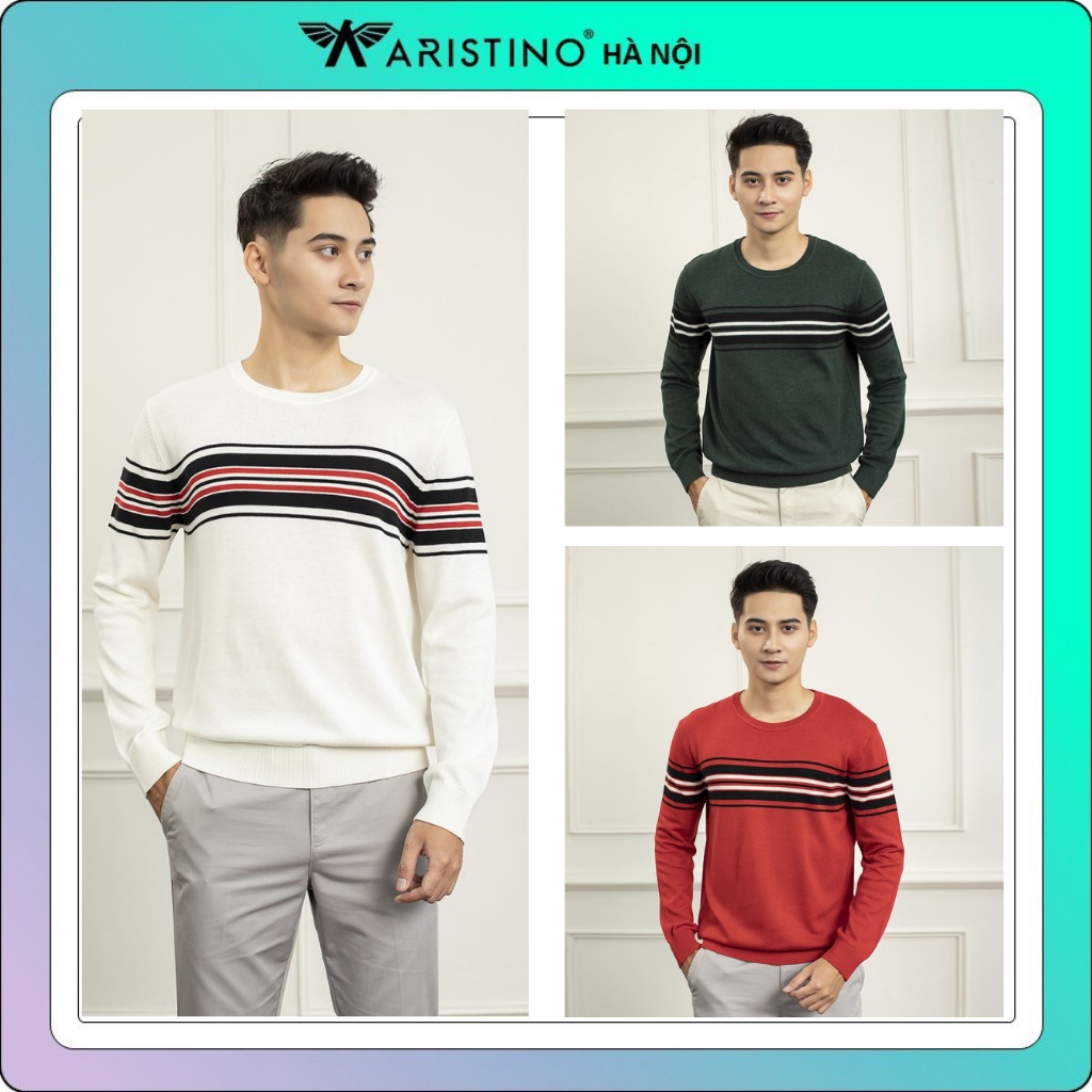 Áo len nam ARISTINO cổ tròn, họa tiết kẻ ngang, nhẹ , ấm AWO001W9 (3 màu)