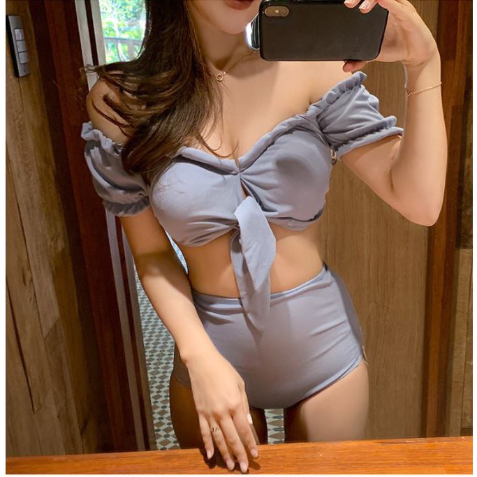 Bikini xanh pastel màu đẹp Hàn Quốc 2 mảnh, đồ bơi cột nơ ngực dễ thương tôn dáng che khuyết điểm