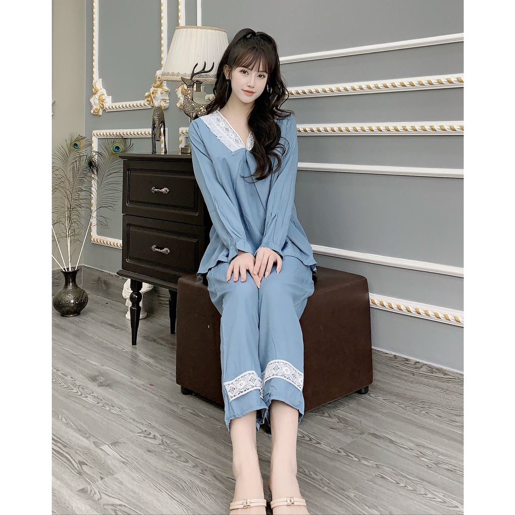 Bộ đồ bầu và sau sinh chất đũi dày dặn có khóa ngực, cổ phối ren sang chảnh BD906