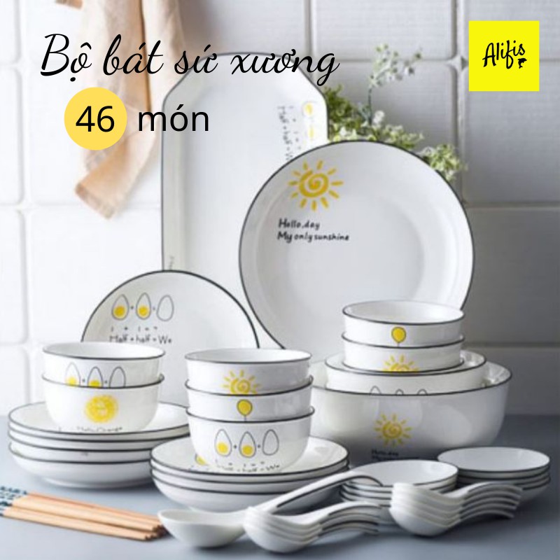 Bộ bát, bộ chén bát sứ xương họa tiết mặt trời vàng viền đen cho 4 - 8 người– Phụ kiện bàn ăn