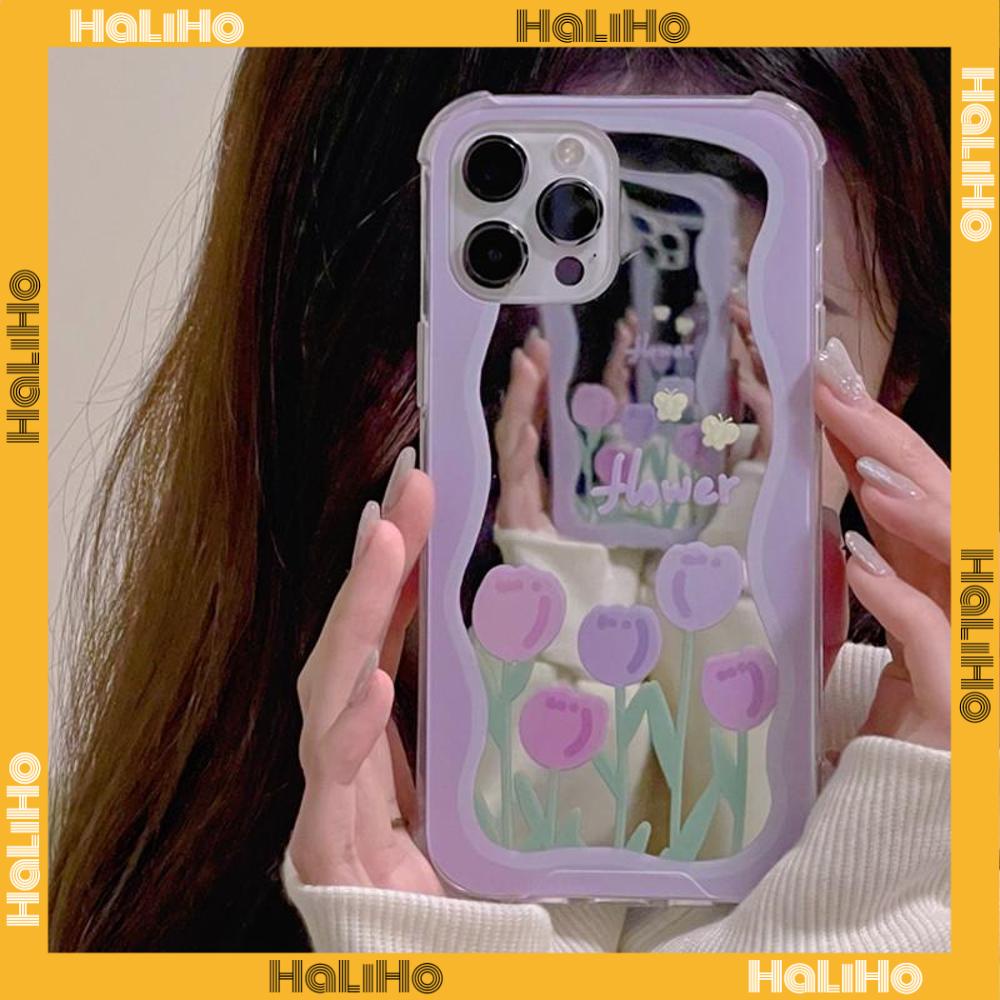 iPhone Case Acrylic HD Mirror Laser Airbag Shockproof Protection Camera Cute Purple Tulip Flowers Compatible For iPhone 11 iPhone 13 Pro Max iPhone 12 Pro Max iPhone 7 Plus xr