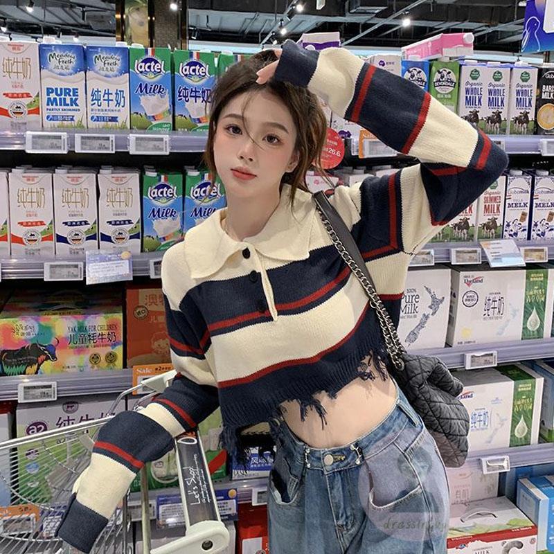 Áo Dệt Kim Tay Dài Cổ Tròn Màu Sắc Tương Phản Thời Trang Cho Nữ