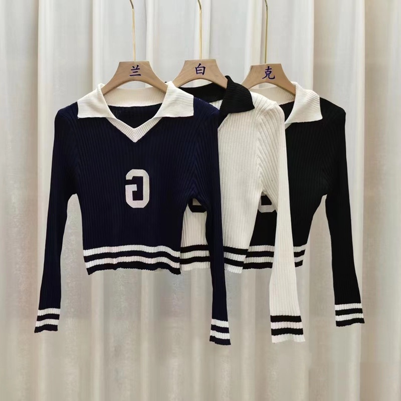 SUXI Áo Croptop Dệt Kim Tay Dài Dáng Ôm In Chữ Phong Cách Cổ Điển Thời Trang Cho Nữ