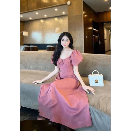 Đầm maxi nhíu ngực tay bồng xinh
