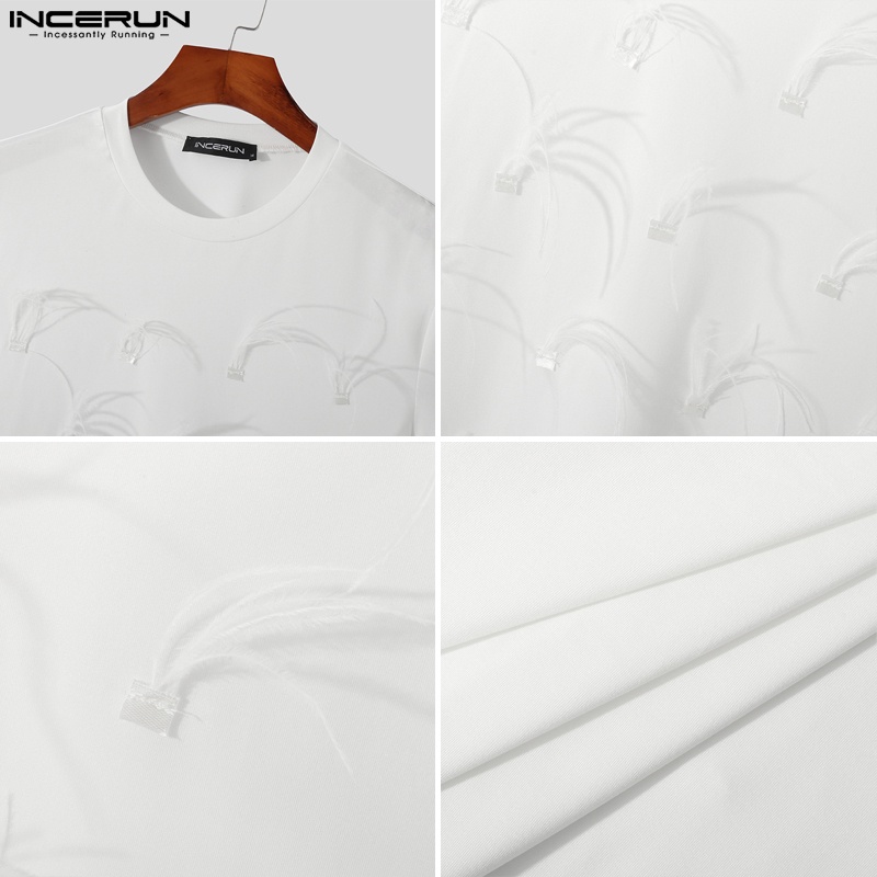 Áo INCERUN tay ngắn cổ tròn họa tiết lông vũ thời trang dành cho nam