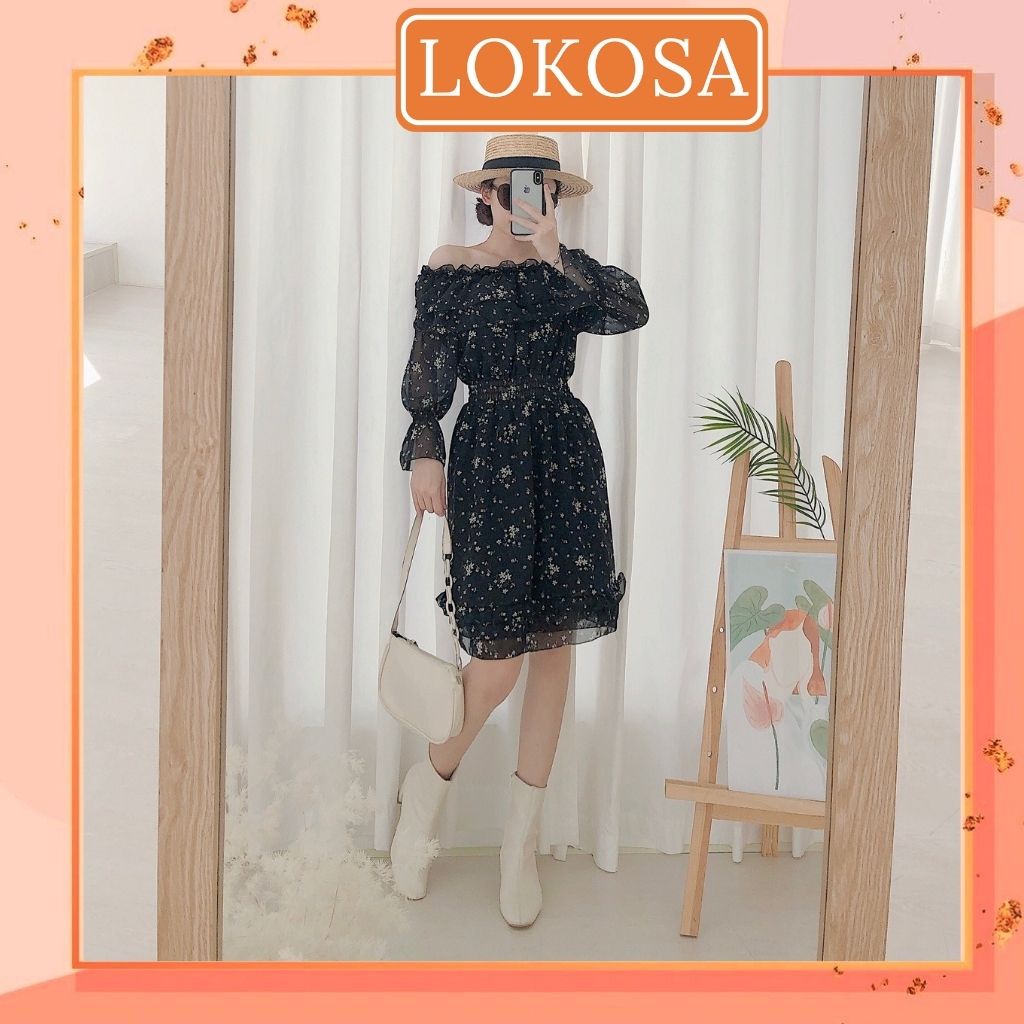 Váy Hoa Nhí LOKOSA Đầm vintage trễ vai dáng dài tay phồng đi dự tiệc đi biển đi chơi sang chảnh cao cấp VDE08