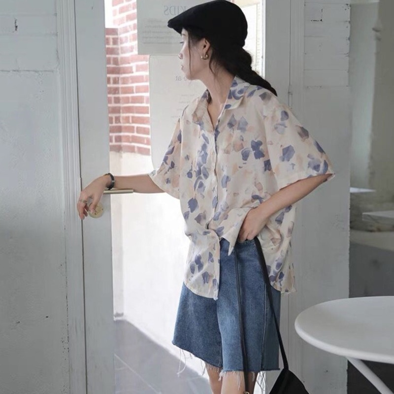 Áo sơ mi chiffon RENJIANVSHENG tay ngắn in họa tiết thời trang Hàn Quốc dành cho nữ