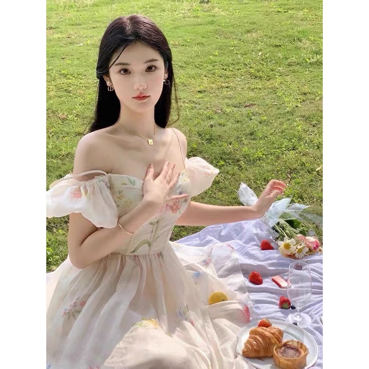 Jane Đầm trễ vai tiểu thư voan tơ hoa văn phong cách Bắc Âu ẢNH THẬT CUỐI